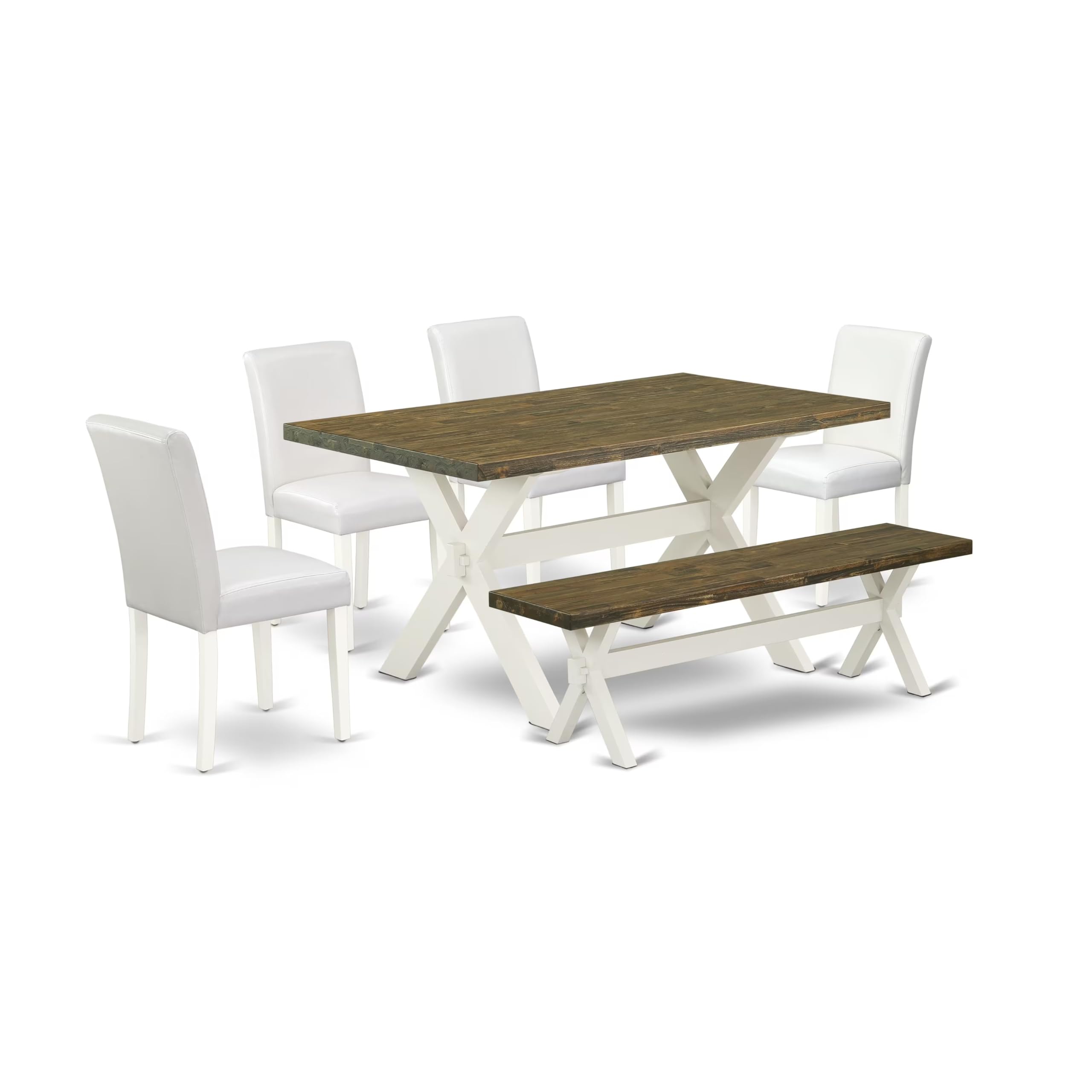 East West Furniture X076Ab264-6 6 Piece Dinette Set Contains A Rectangle Dining Room Table With X-Legs And 4 White Faux Leather Upholstered Chairs With A Bench, 36X60 Inch, Multi-Color